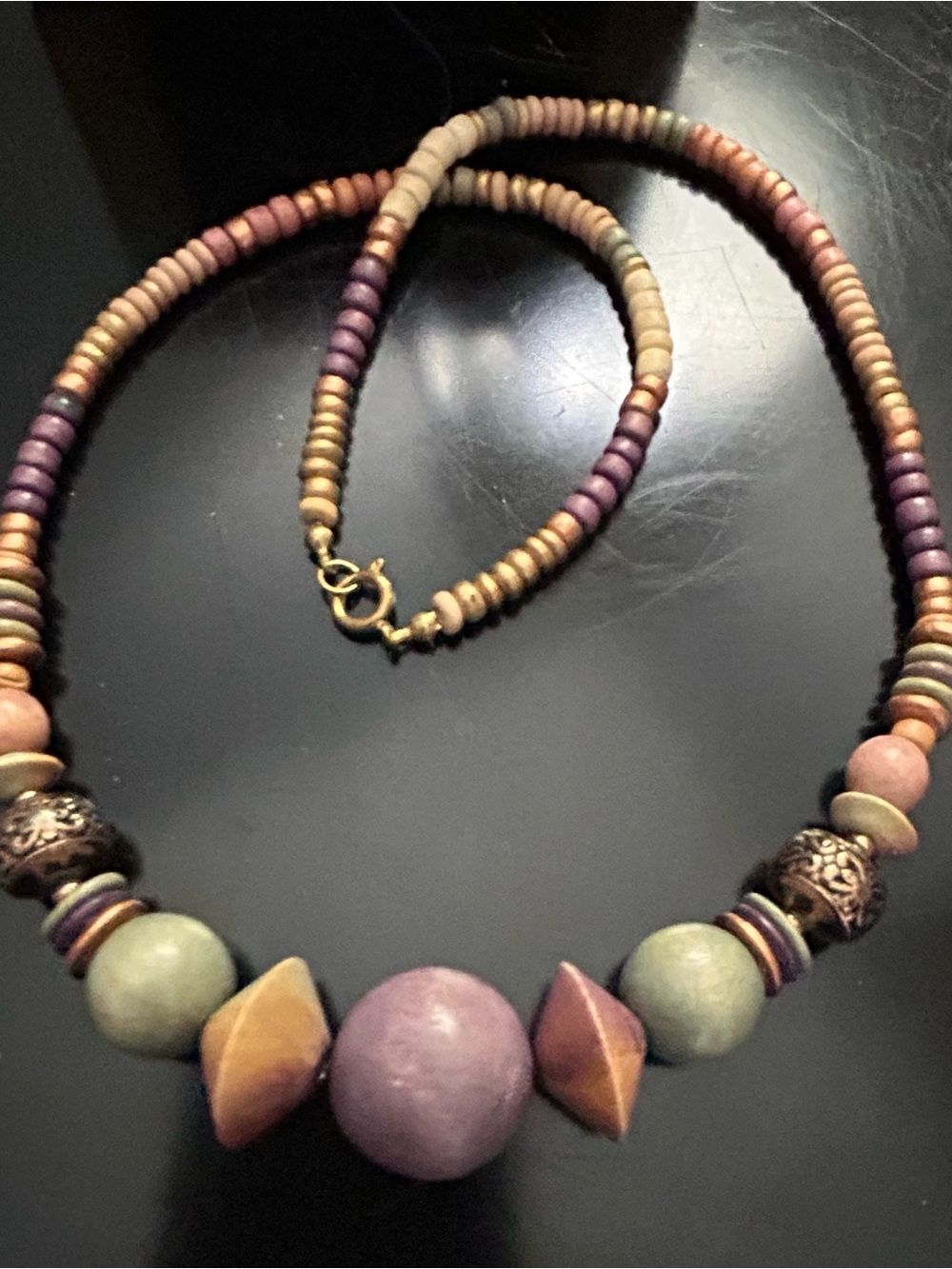 Artisan Earthy Bohemian Multicolor Beaded Necklace with Purple and Sage Accents